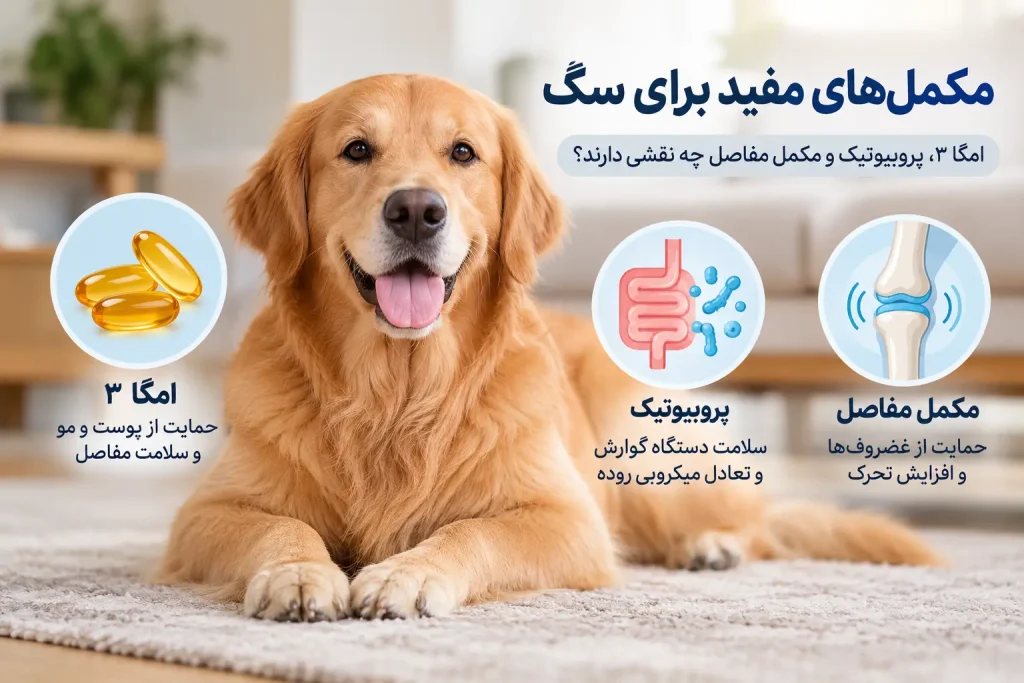 امگا 3، پروبیوتیک و مکمل مفاصل سگ برای سلامت پوست، مو، گوارش و مفاصل